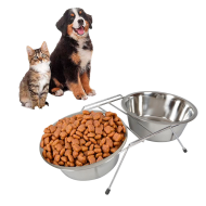 Tradineur - Comedero doble para mascotas con soporte elevado de acero inoxidable 44 x 21 x 8,3 cm, cuenco doble para perros y gatos antideslizante, tazones de alimentación para comida y agua