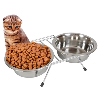 Tradineur - Comedero doble para mascotas de acero inoxidable con soporte elevado 35,5 x 16,7 x 8,3 cm, cuenco doble para perros y gatos antideslizante, tazones de alimentación para comida y agua