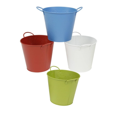 Tradineur - Pack de 4 cubos de latón de 14,5 cm de alto y 16 cm de diámetro, de color surtido, ideal para jardín. Cubeta con diseño de flores, especial para el uso en jardinería, con asas