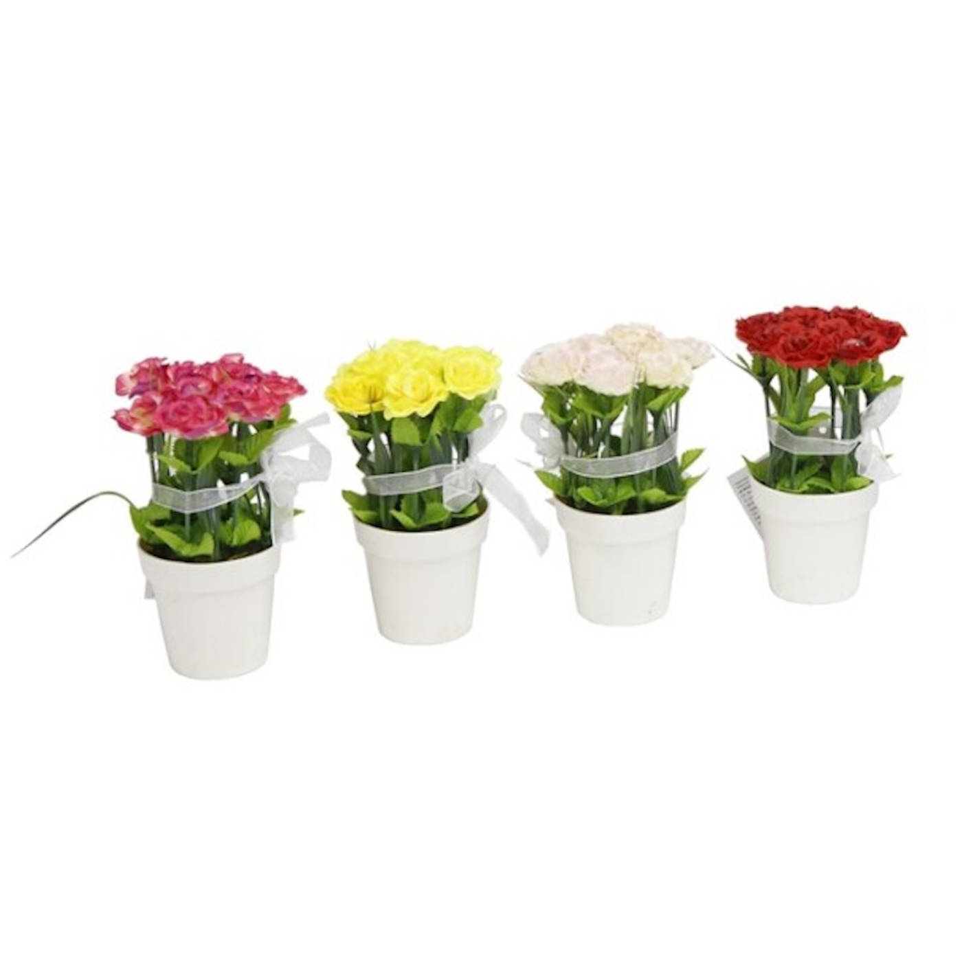 Tradineur -  Pack de unidades 4 de plantas artificiales con maceta 7 x 14 cm (ancho x altura) color aleatorio ideal para decoración del hogar, flor de plástico,planta de decoración