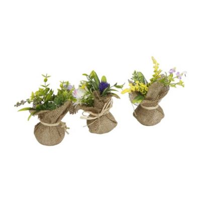 Tradineur - Pack de 3 plantas artificiales con maceta 7 x 15 cm color surtido planta decoración hogar, flores de plástico, planta de decoración