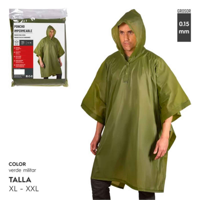 Tradineur - Poncho impermeable con capucha para adultos - Fabricado 100% poliéster - Alta densidad y revestimiento - Talla XL - XXL (Color Verde)