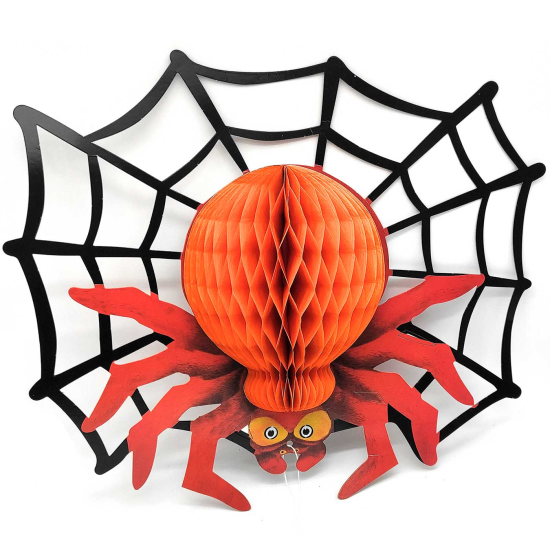 Tradineur - Araña colgante de cartón con cordón, decoración de Halloween, adorno festivo, fiestas, celebraciones, 37 x 43 cm