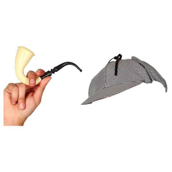 Tradineur - Set de detective - Incluye gorro en blanco y negro y una pipa color beige - Complemento para carnaval, halloween, fiestas, celebraciones.