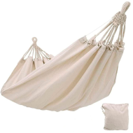 Tradineur - Hamaca de algodón con bolsa, 1-2 personas, máximo 120 kg, columpio de tela para dormir, camping, jardín, exterior (Blanco roto, 210 x 150 cm)