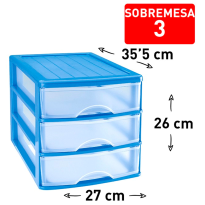 Tradineur - Cajonera sobremesa plástico con 3 cajones transparentes, torre de almacenaje multiusos, ordenación, hogar, 26 x 27 x 35,5 cm, azul