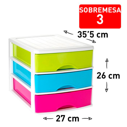 Tradineur - Cajonera de sobremesa con 3 cajones multicolor, plástico, torre de almacenaje multiusos, ordenación, hogar, 26 x 27 x 35,5 cm, blanco