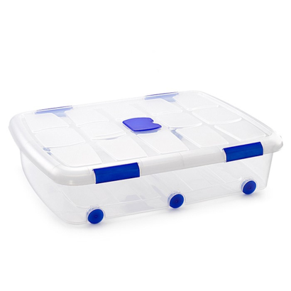 Tradineur - Caja de plástico transparente de 18 x 80 x 60 cm, con capacidad de 56 litros, Contenedor de plástico para almacenamiento con tapa y ruedas válida para interior y exterior.