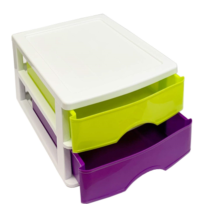 Tradineur - Cajonera de sobremesa 2 cajones de color surtido de 17,5 x 26 x 35 cm, Cajonera plástico 2 cajones para mesa multiusos para almacenamiento y organización ideal para oficina.