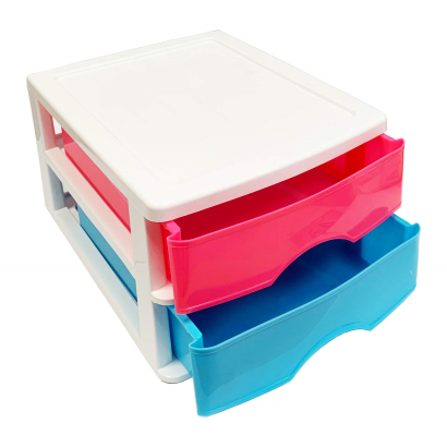 Tradineur - Cajonera de sobremesa 2 cajones de color surtido de 17,5 x 26 x 35 cm, Cajonera plástico 2 cajones para mesa multiusos para almacenamiento y organización ideal para oficina.