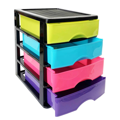 Tradineur - Cajonera de sobremesa 4 cajones de color surtido de 35 x 27 x 35,5 cm, Cajonera plástico 4 cajones para mesa multiusos para almacenamiento y organización ideal para oficina.