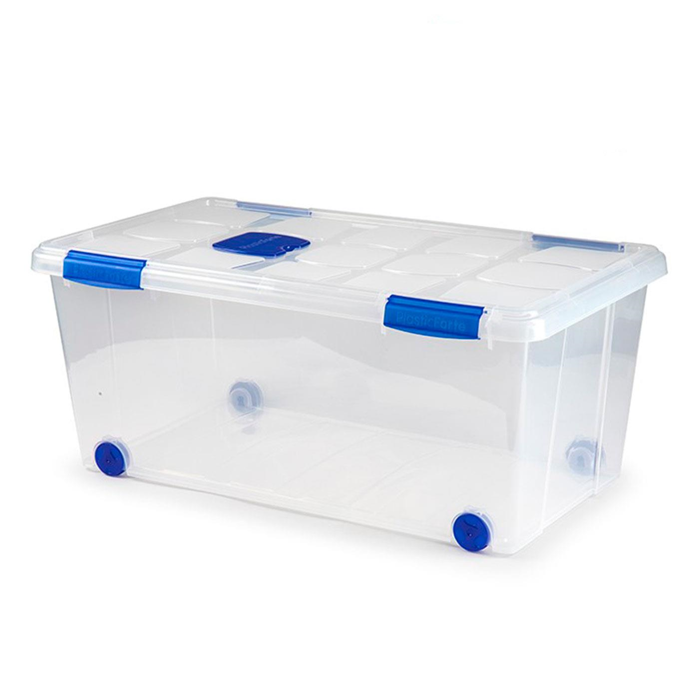 Tradineur - Caja de plástico transparente de 32 x 75,5 x 43,5 cm, con capacidad de 61 litros, Contenedor de plástico para almacenamiento con tapa y ruedas válida para interior y exterior.