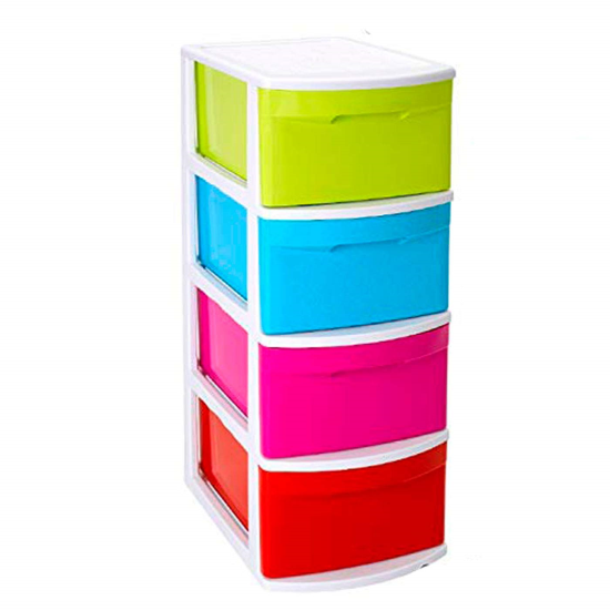 Tradineur - Cajonera sin ruedas támesis 4 cajones de color surtido de 78 x 28,5 x 39 cm, Cajonera plástico 4 cajones multiusos para almacenamiento y organización ideal para oficina.