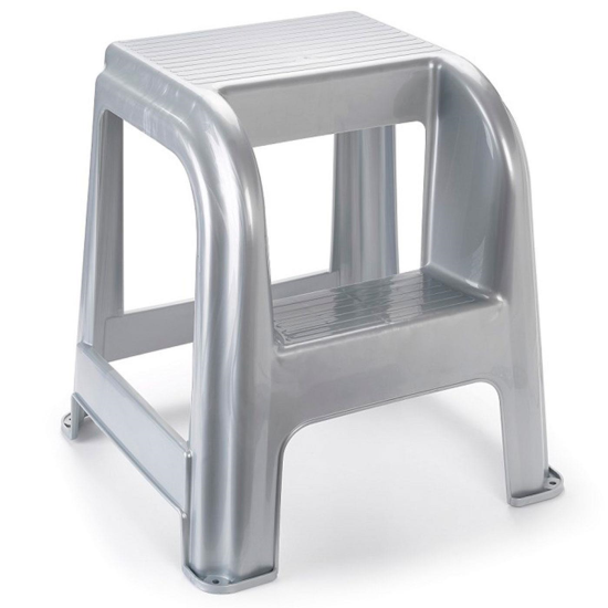 Tradineur - Taburete plástico gris plata con peldaño 45.5 x 44.2 x 42 cm, banqueta, silla, escalera de dos pasos ligera, hogar