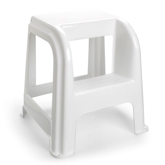 Tradineur - Taburete plástico blanco con peldaño 45.5 x 44.2 x 42 cm, banqueta, silla, escalera de dos pasos ligera, hogar