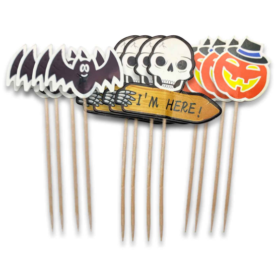 Tradineur - Set de 12 pinchos para halloween - Diseño de carabela, calabaza y murciélago - 10,5 cm de altura - Ideal para decorar comidas y aperitivos.