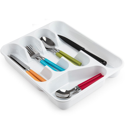 Tradineur - Bandeja cubertero de plástico, de color blanco, de 4,5 x 26,5 x 33,5 cm, Recipiente para ordenación y almacenamiento de cubertería. Caja para guardar cubiertos con compartimentos