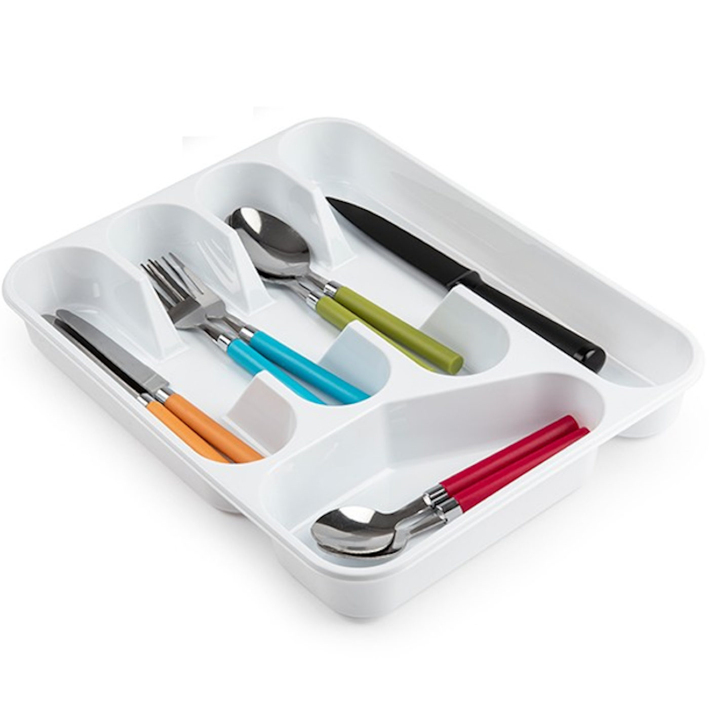 Tradineur - Bandeja cubertero de plástico, de color blanco, de 4,5 x 26,5 x 33,5 cm, Recipiente para ordenación y almacenamiento de cubertería. Caja para guardar cubiertos con compartimentos