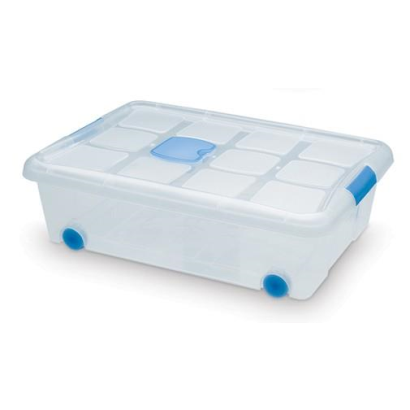 Tradineur - Caja con ruedas y tapa de plástico de 18,5 x 60,3 x 43 cm, con capacidad para 31 litros. Baúl con tapa para organización del hogar. Arcón de plástico para distintos usos