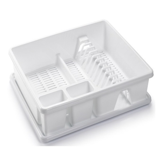 Tradineur - Escurreplatos rectangular de plástico con bandeja para agua, de 9 x 48 x 38 cm de color blanco. Escurridera para hogar o hostelería.