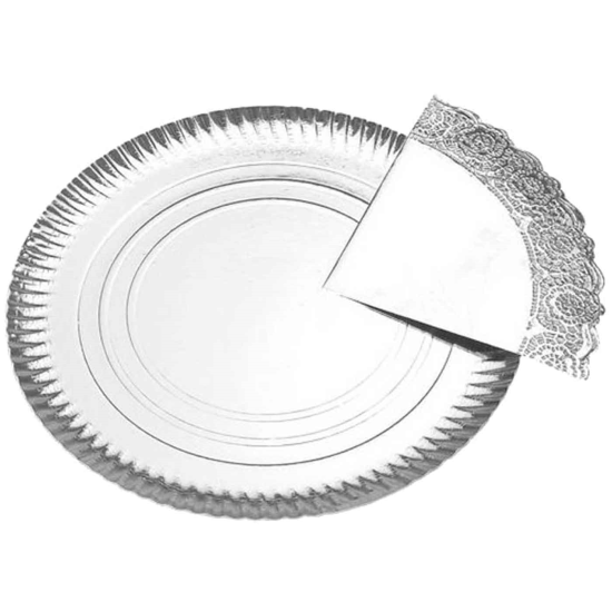 Tradineur - Bandeja de cartón plateada redonda con blonda - fuente reciclable para pasteles con encaje de papel, especial para fiestas o celebraciones - Ø 30 cm