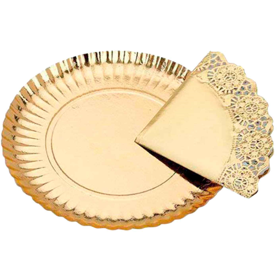 Tradineur - Bandeja de cartón oro redonda con blonda - fuente reciclable para pasteles con encaje de papel, especial para fiestas o celebraciones - Ø 24 cm