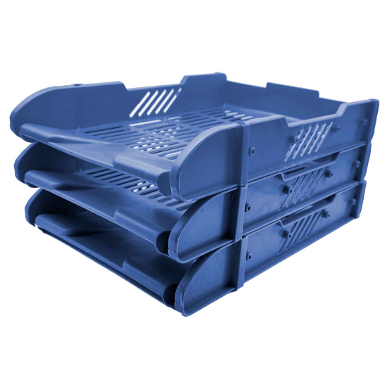 Tradineur - Pack de 3 bandejas de oficina apilable - Organizador de documentos tamaño estandar, revistas, folletos, sobremesa, escritorio. - Color azul - 5,2 x 24,3 x 32,5 cm