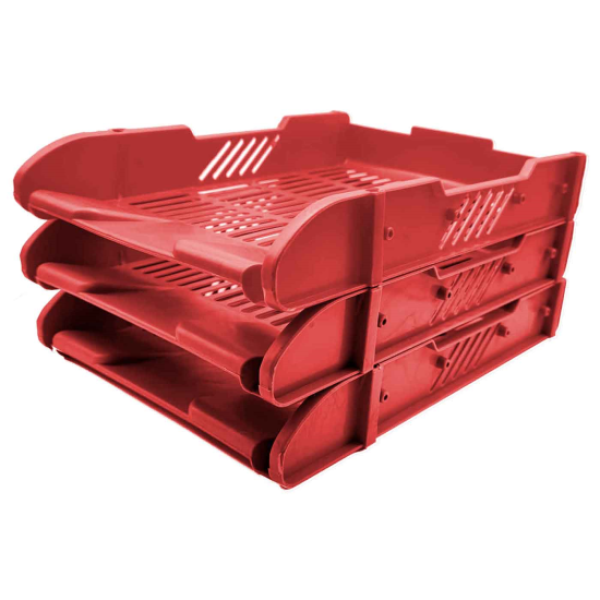 Tradineur - Pack de 3 bandejas de oficina apilable - Organizador de documentos tamaño estandar, revistas, folletos, sobremesa, escritorio. - Color rojo - 5,2 x 24,3 x 32,5 cm