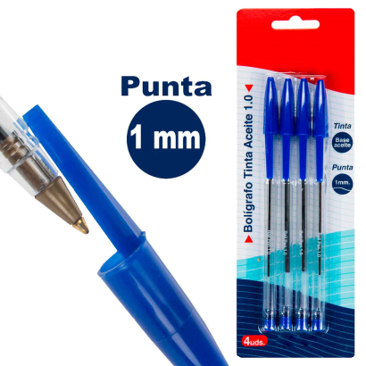 Tradineur - Set de 4 bolígrafos - Fabricado en plástico PVC - Tinta de aceite - Punta de 1 mm - Color azul.