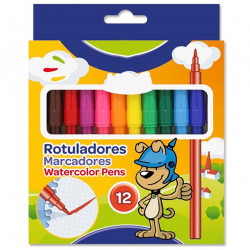 Tradineur - Caja de 12 rotuladores finos de colores para niños, marcadores con punta resistente, material escolar, colores vivos