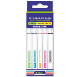 Tradineur - Pack de 5 rotuladores de colores neón para pizarra blanca, punta media de 3 mm, marcadores de borrado en seco, uso e