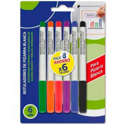 Tradineur - Pack de 6 rotuladores de colores para pizarra blanca, marcadores de borrado en seco, uso escolar, oficinas