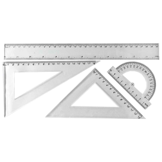 Tradineur - Set de 4 reglas - Dibujo técnico - Incluye: Regla 30 cm, escuadra 13 cm, cartabón 18 cm y transportador 10 cm.