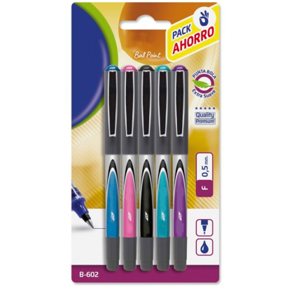 Tradineur - Pack de 5 bolígrafos de colores con punta de bola, 0,5 mm, tinta líquida, escritura suave y precisa, uso escolar, oficinas