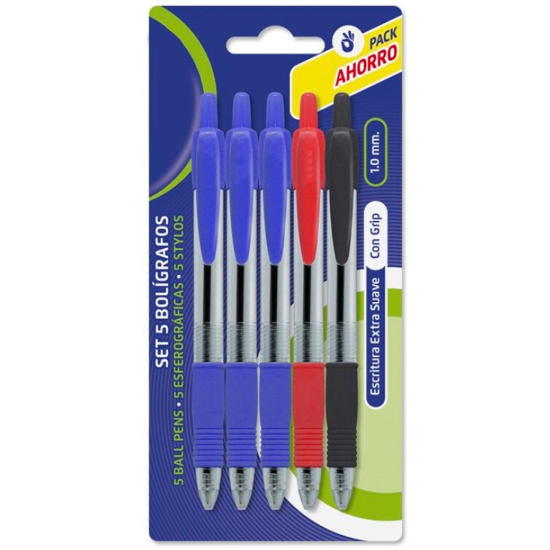 Tradineur - Pack de 5 bolígrafos de colores, tinta gel, punta de bola de 1 mm y grip ergonómico, escritura suave y precisa, uso escolar, oficinas