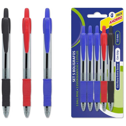 Tradineur - Pack de 5 bolígrafos de colores, tinta gel, punta de bola de 1 mm y grip ergonómico, escritura suave y precisa, uso escolar, oficinas