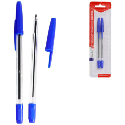 Tradineur - Pack 2 bolígrafos básicos con punta de bola de 1 mm, diseño clásico, escritura suave y precisa, uso escolar, oficinas (Azul)