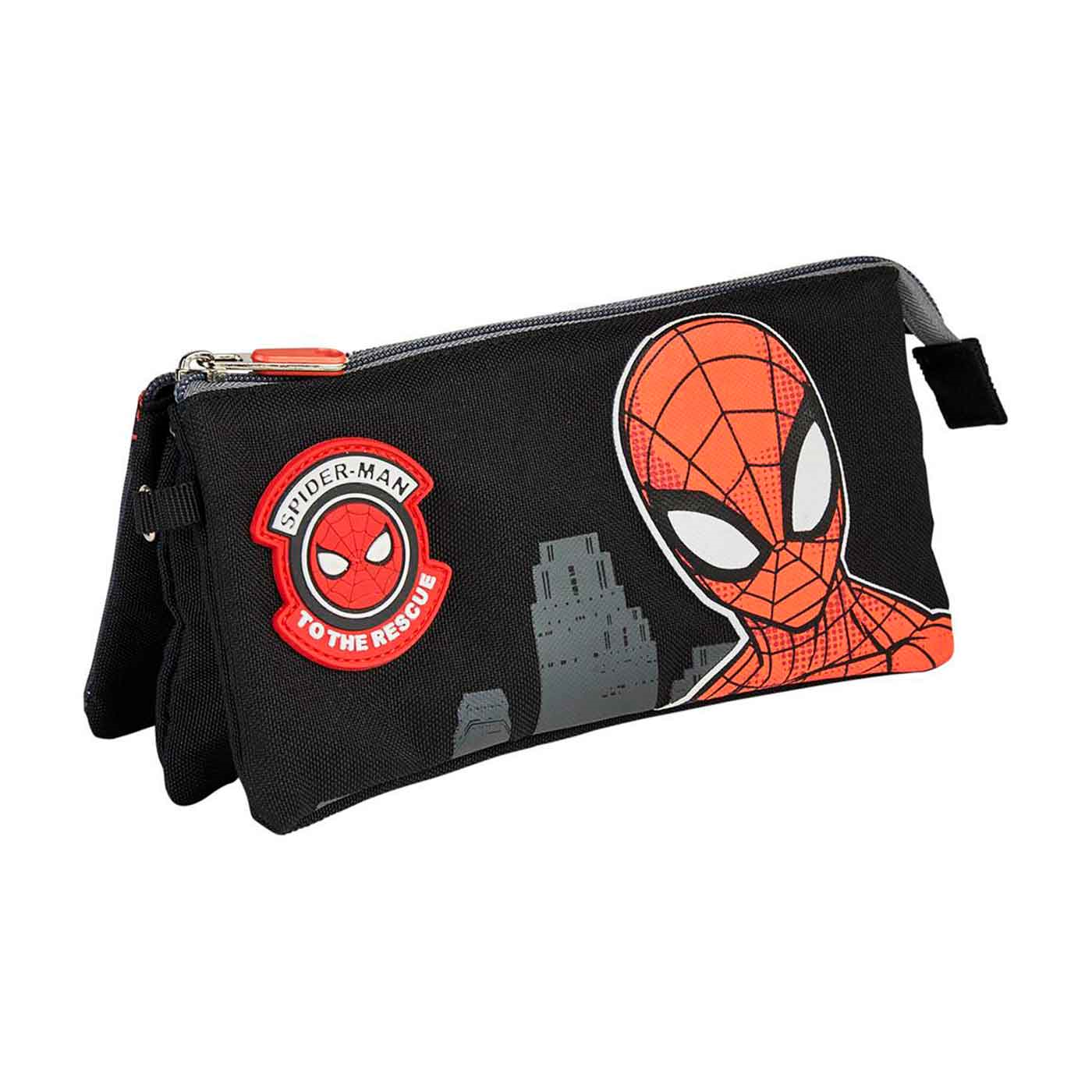 Tradineur - Estuche de 3 compartimentos para el curso escolar de Spiderman con varias caras de Spiderman y cierre de cremallera. Medidas 22,5 x 11,5 cm. Licencia oficial Marvel