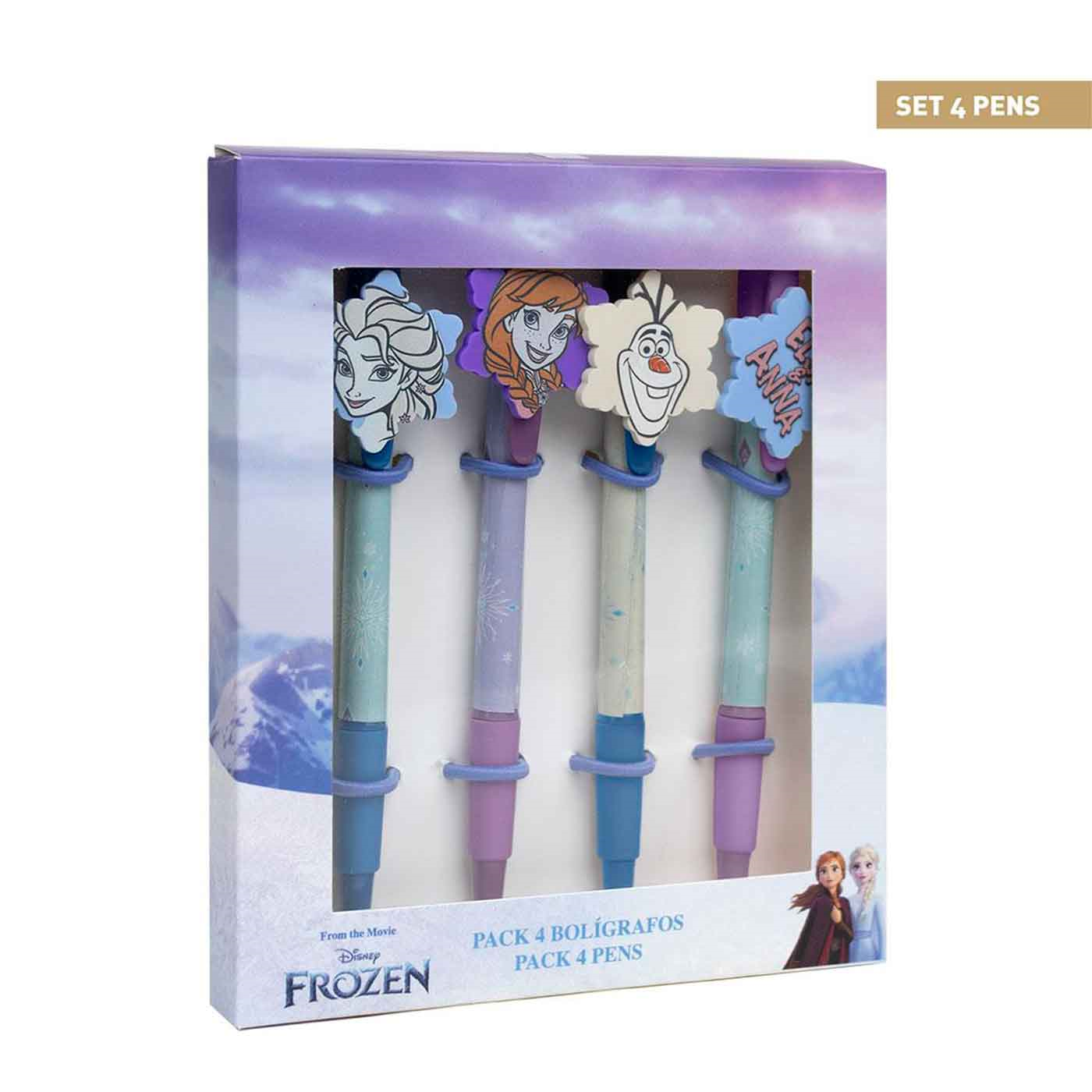 Tradineur - Pack de 4 boligrafos de Frozen con tinta en color negro, diseños distintos y alegres con gomas para intercambiar. Medidas caja: 13,7 x 16 cm. Set bolis licencia oficial Disney