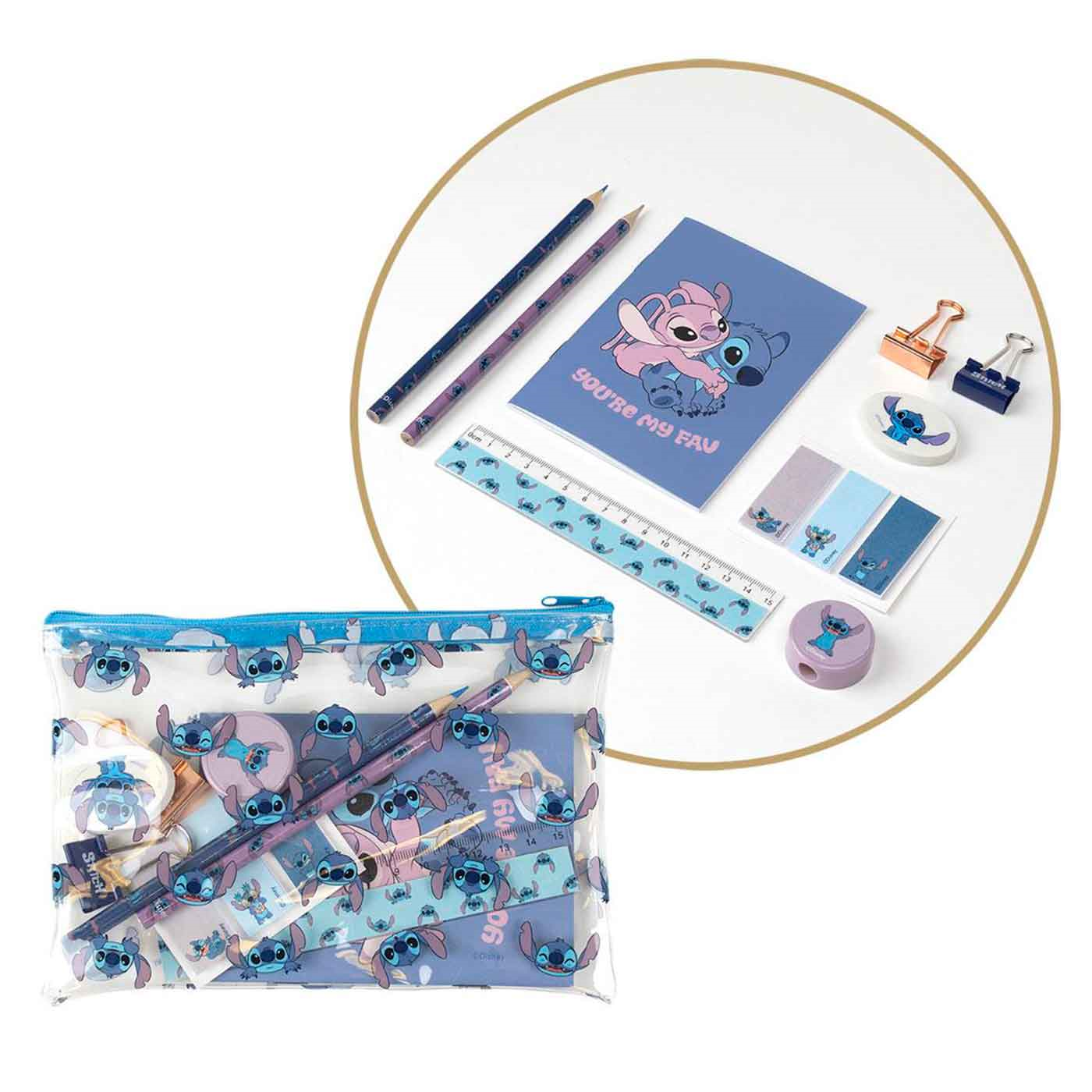 Tradineur - Set de papelería escolar de Lilo & Stitch con estuche, libreta, 2 lápices, afila lápiz, goma de borrar, regla, marcador adhesivo y 2 pinzas. Licencia oficial Disney