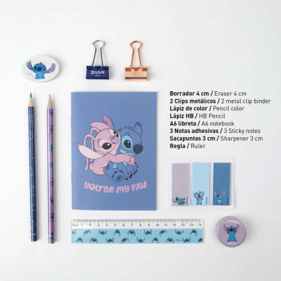 Tradineur - Set de papelería escolar de Lilo & Stitch con estuche, libreta, 2 lápices, afila lápiz, goma de borrar, regla, marcador adhesivo y 2 pinzas. Licencia oficial Disney