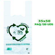 Tradineur - Pack de 120 bolsas tipo camiseta de plástico, reutilizables, gran resistencia, cumplen normativa, aptas para uso alimentario (35 x 50 cm)