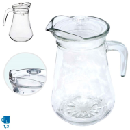 Tradineur - Jarra de cristal para agua con tapa de plástico, servir bebidas frías, limonada, té helado, frigorífico, nevera, hogar (1,3 litros, 21 x 13 x 17 cm)