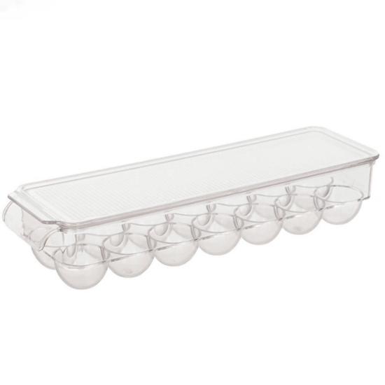 Tradineur - Huevera rectangular, plástico transparente, recipiente para 14 huevos, almacenamiento de cocina, fabricada en España, 11,5 x 37 x 8 cm