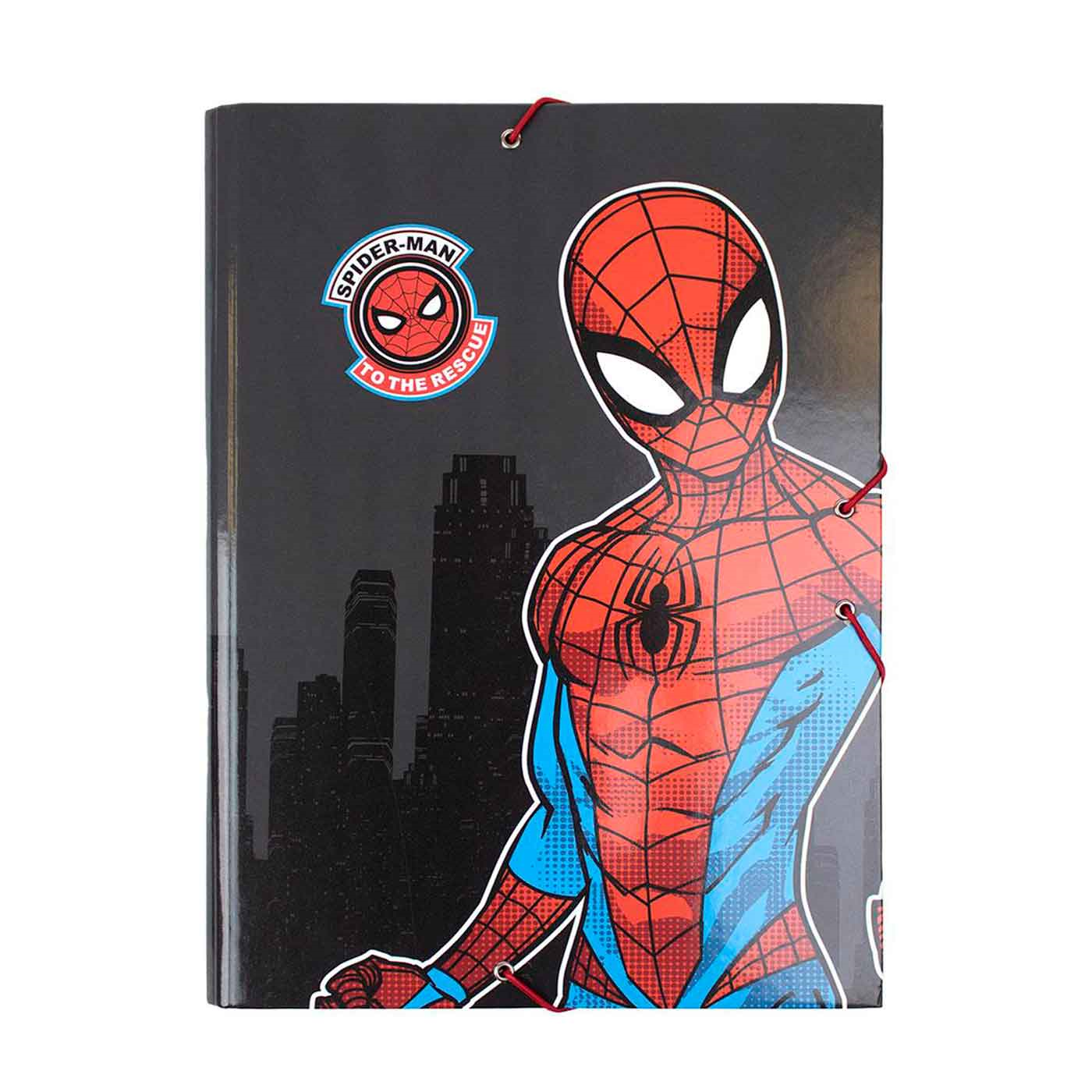 Tradineur - Carpeta de Spiderman, de cartón resistente, con solapas y 2 gomas, ideal para el curso escolar. Medidas 34,3 x 26,4 x 3 cm. Portafolios Hombre Araña licencia oficial Marvel