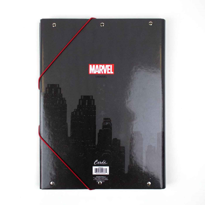 Tradineur - Carpeta de Spiderman, de cartón resistente, con solapas y 2 gomas, ideal para el curso escolar. Medidas 34,3 x 26,4 x 3 cm. Portafolios Hombre Araña licencia oficial Marvel