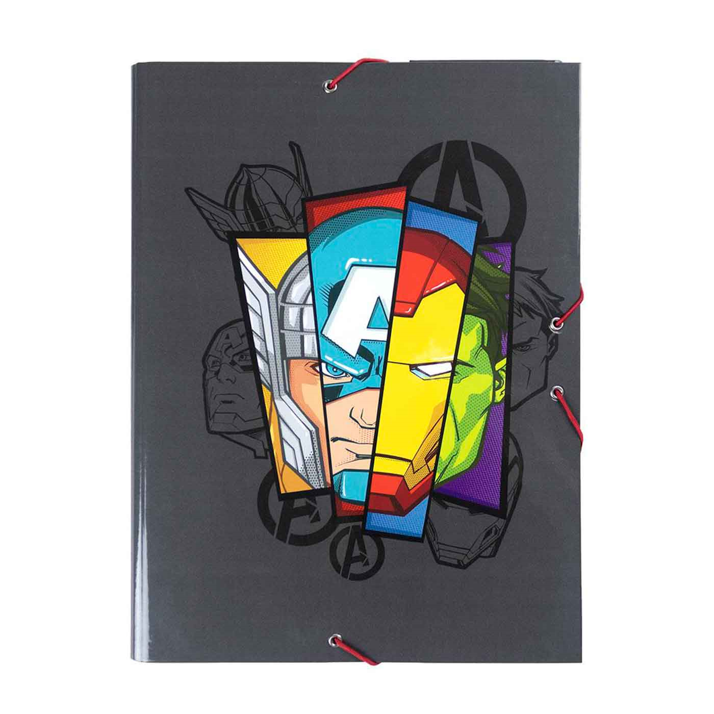 Tradineur - Carpeta de los Vengadores, de cartón resistente, con solapas y 2 gomas, ideal para el curso escolar. Medidas 34,3 x 26,4 x 3 cm. Portafolios de Avengers licencia oficial Marvel