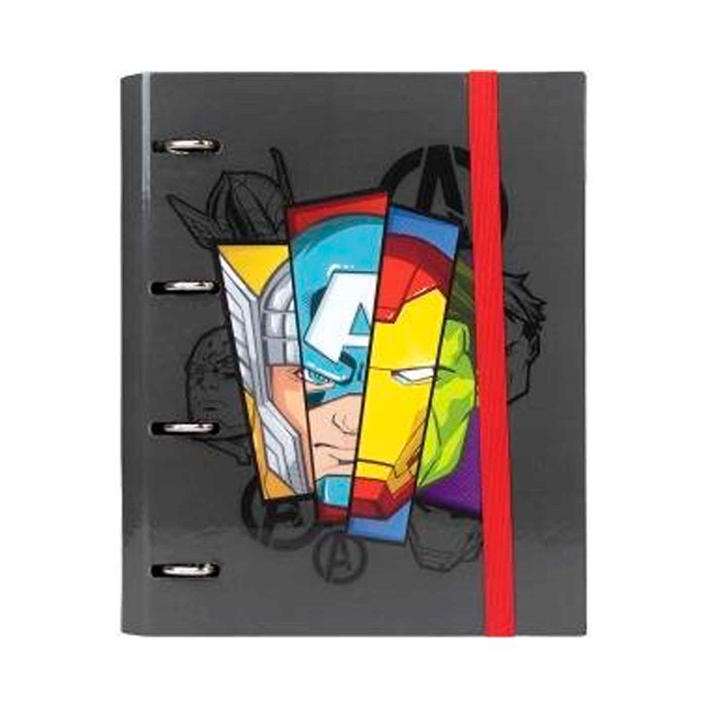 Tradineur - Carpeta / Archivador de los Vengadores de cartón resistente, con 4 anillas de metal, ideal para el curso escolar. Medidas 32,1 x 27 x 4 cm. Carpesano de Avengers licencia oficial Marvel