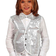 Chaleco blanco con lentejuelas plateadas para niños para carnaval, halloween y celebraciones. Talla infantil. No incluye pajarita.