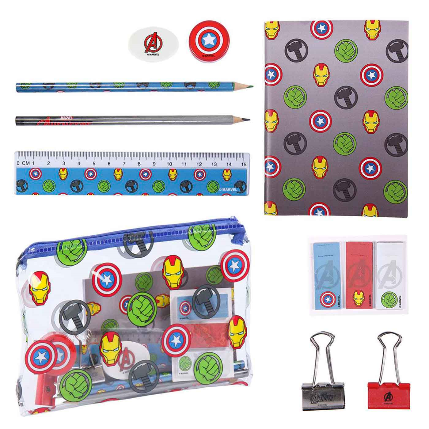 Tradineur - Set de papelería escolar de los Vengadores con estuche, libreta, 2 lápices, afila lápiz, goma de borrar, regla, marcador adhesivo y 2 pinzas. Licencia oficial Marvel